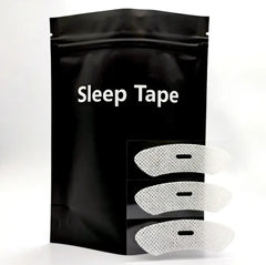 Black packaging of sleep tape with white text and images on a white background