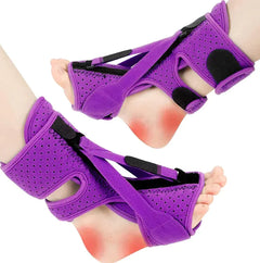 Purple foot brace on feet with a white background