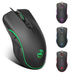 Black gaming mouse with green accents and a logo, shown from multiple angles on a white background.