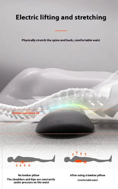 Lumbar support pillow with text on electric lifting and stretching benefits