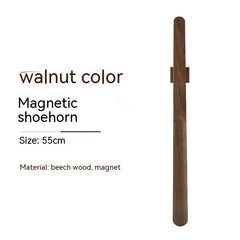Walnut-colored magnetic shoehorn with text on a white background