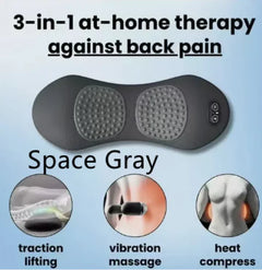 Gray back pain therapy device with features for traction, vibration massage, and heat compress on a light blue background.