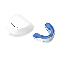 Blue mouthguard with white case on a white background