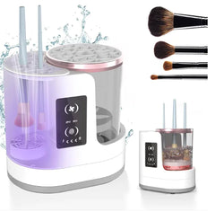 Makeup brush cleaner with brushes and cleaning solution on a white background