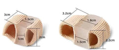 Two beige elastic toe covers with measurements on a white background