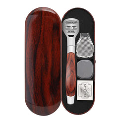 Grooming kit with wooden handle tool, blade, and other accessories in a case on a white background