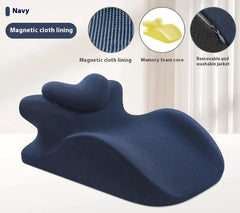 Navy blue ergonomic pillow with features highlighted on a white background