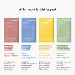 Biodence mask packaging with color-coded labels and benefits on a white background