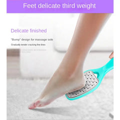 Person using a turquoise foot scrubber on a white surface with text about foot care.