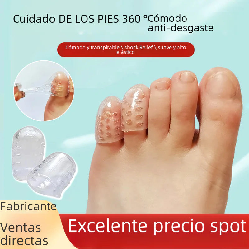 Foot with toe separators and text about foot care product on a light blue background