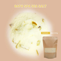 Bath spa sea salt with lemon flavor and a packaging bag on a peach background