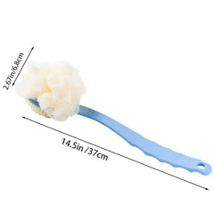 Blue bath brush with a white loofah head on a white background, showing measurements.