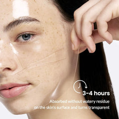 Woman applying a skincare product to her face with text about absorption time.