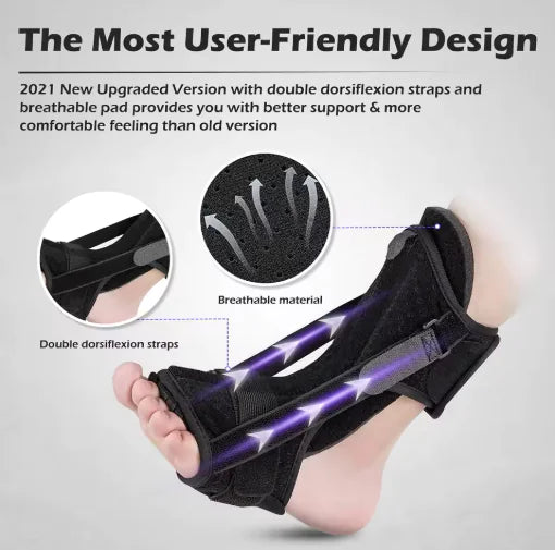 Foot support brace with breathable material and double dorsiflexion straps on a gray background