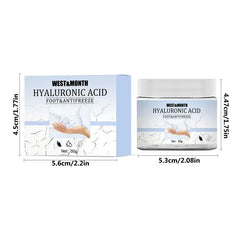 West&Month Hyaluronic Acid foot and antifreeze packaging with dimensions on a white background
