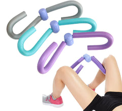 Colorful exercise tools with a person using them on a white background