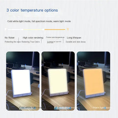 Lighting device with three color temperature modes on a desk setup.