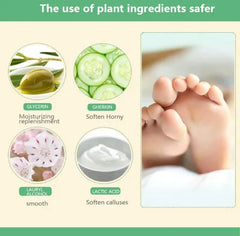 Infographic on plant ingredients with images of baby feet and natural products.