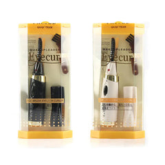 Two makeup products in clear packaging with yellow accents on a white background