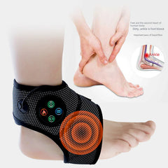 Ankle massager being used on a person's foot with a close-up of the ankle joint.