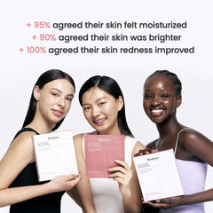 Three women holding Bidance skincare products with text about skin improvement.