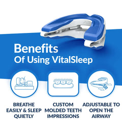 VitalSleep device with benefits listed on a blue and white background