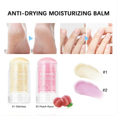 Anti-drying moisturizing balm with two flavors shown, labeled 'Odorless' and 'Peach flavor'.