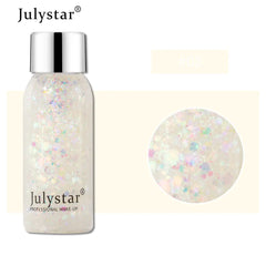 Julystar glittery makeup product with a close-up of glitter on a light background