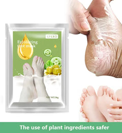 Exfoliating foot mask packaging with a person applying the mask to their feet.