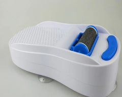 White foot exfoliator with blue accents on a light gray background