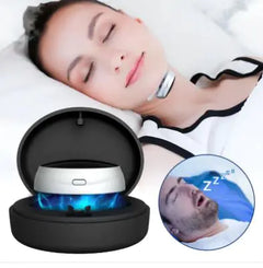 Person using a device to stop snoring with a close-up inset showing a snoring person.