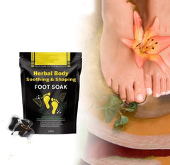 Herbal body foot soak package with a person's feet in a bowl of water and flowers.