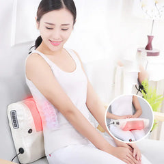 Woman using a massage pillow with a close-up inset, sitting on a couch in a home setting.