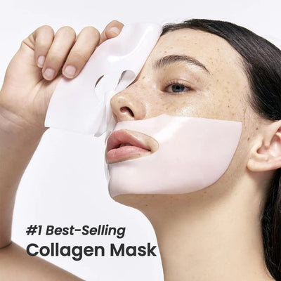 Woman wearing a collagen mask with text '#1 Best-Selling Collagen Mask' on a white background