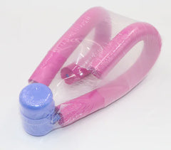 Pink and clear plastic hoop with a blue cylindrical object on a white background