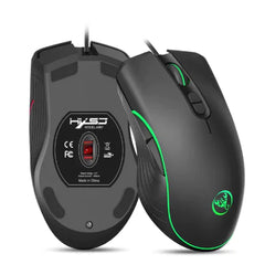Black gaming mouse with green accents on a white background