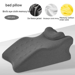 Gray bed pillow with material components labeled on a white background