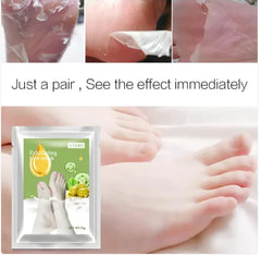 Foot care product packaging with before and after effects on feet.
