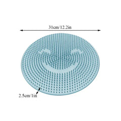 Round blue mat with measurements on a white background