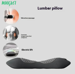 Lumbar pillow with vibration massage, constant temperature hot compress, and electric lift features on a gray background.