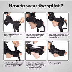 Step-by-step guide on how to wear a foot splint with labeled steps.