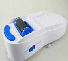 White and blue foot exfoliation device on a light gray background