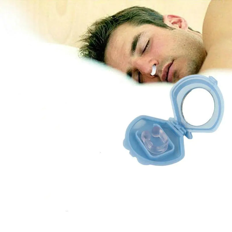 Man sleeping with a blue anti-snoring device in the foreground