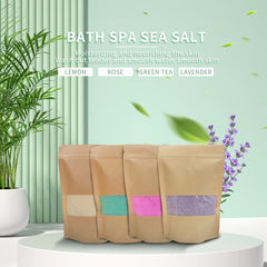 Bath spa sea salt packaging with color swatches on a light green background with plants.