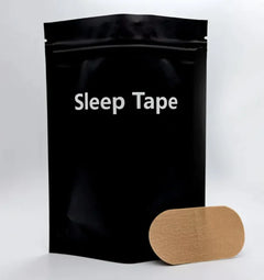 Black package labeled 'Sleep Tape' with a brown sleep tape strip on a white background