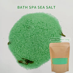 Green tea bath spa sea salt with a brown packaging bag on a white background