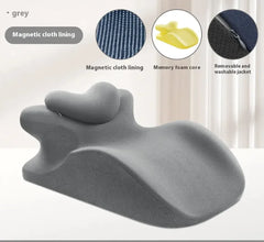 Gray neck pillow with features highlighted on a white background