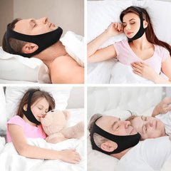 Collage of people wearing a chin strap while sleeping.
