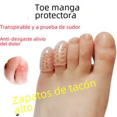 Toe protector with text in Spanish on a white background