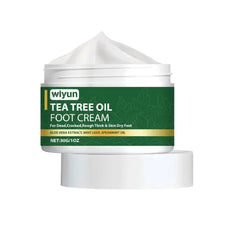 Tea tree oil foot cream jar with green label on a white background